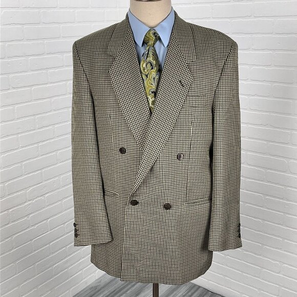 Oradinum Blazer Men 44 Tan Green Houndstooth Double Breasted Polyester Romainia‎ - Picture 2 of 16